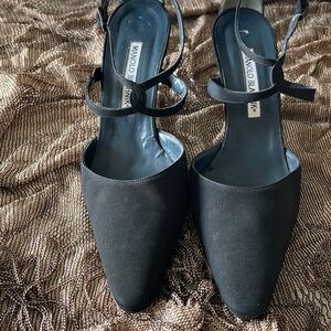 Manolo Blahnik black,strappy,stiletto heels. Size 38 1/2. Almond toe. EUC.